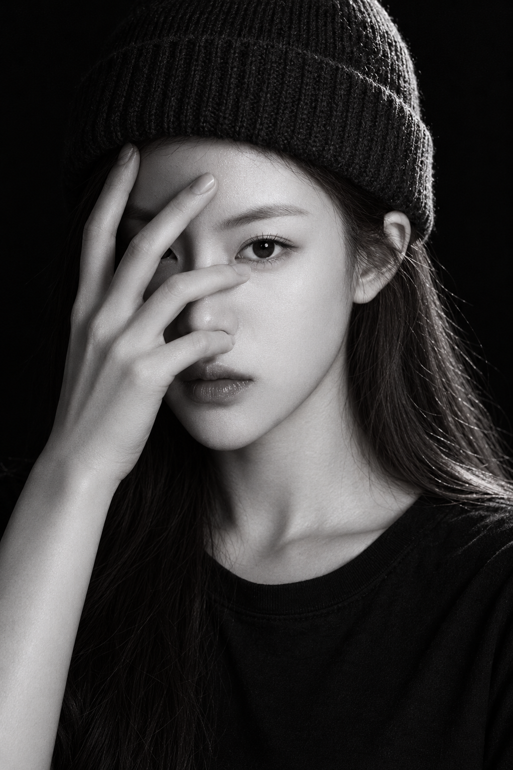 손가락 사이로 응시하는 흑백 키아로스쿠로 초상