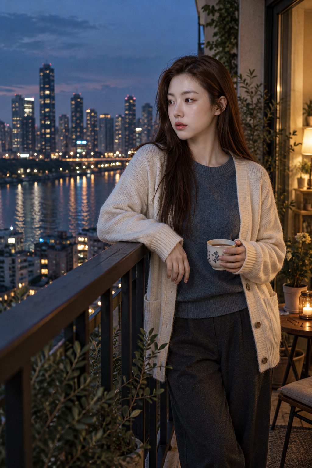 蓝调时刻阳台成年女性电影感人像模板
