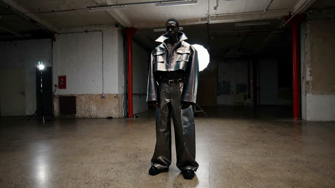 Vêtements masculins en cuir médiévaux à silhouette large et reflets irisés — AI video creation