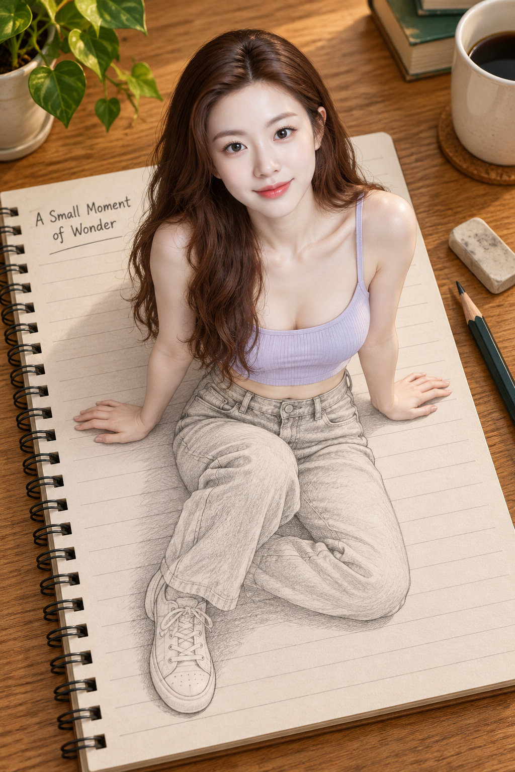 成年女性从螺旋笔记本中跃出的3D错觉
