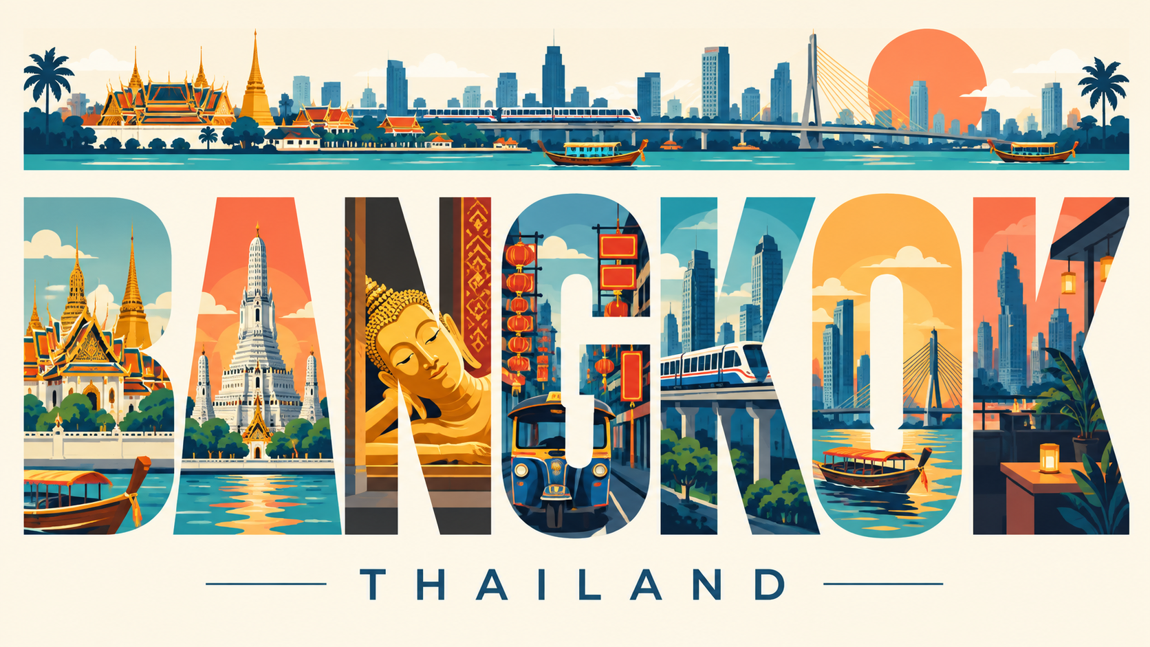 Áp phích du lịch hiện đại Thụy Sĩ về Bangkok với chữ lồng vào cảnh quan