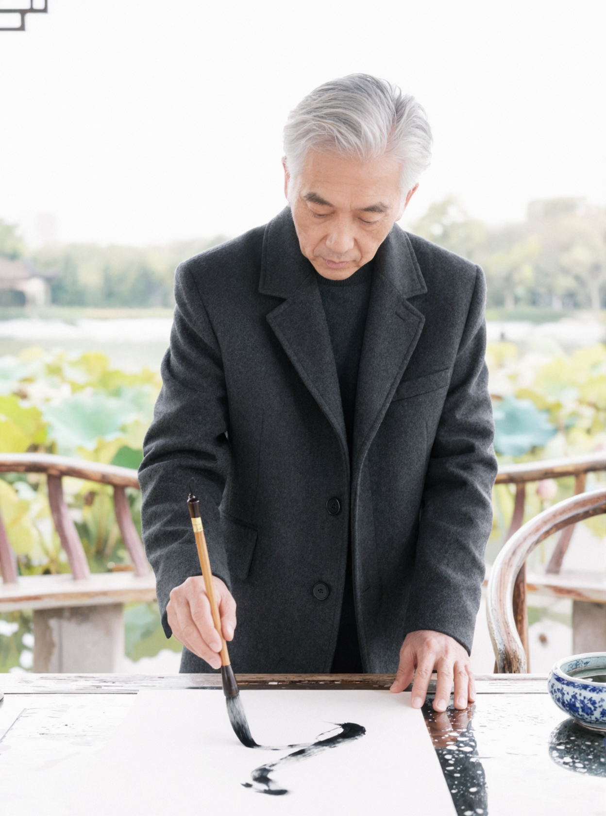 Silver-haired East Asian Poet · Ink on Paper · High-key Soft Light — AI image creation