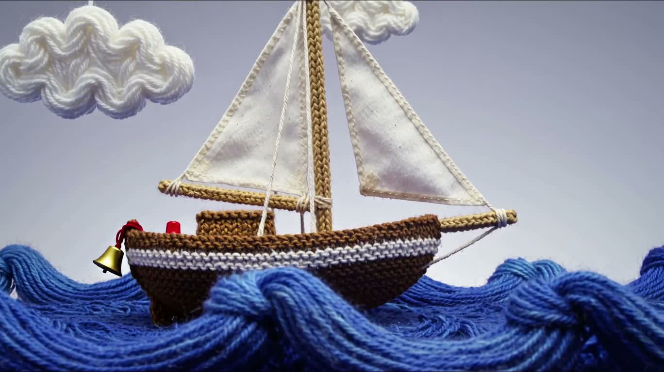 Синий вязаный парусник в море