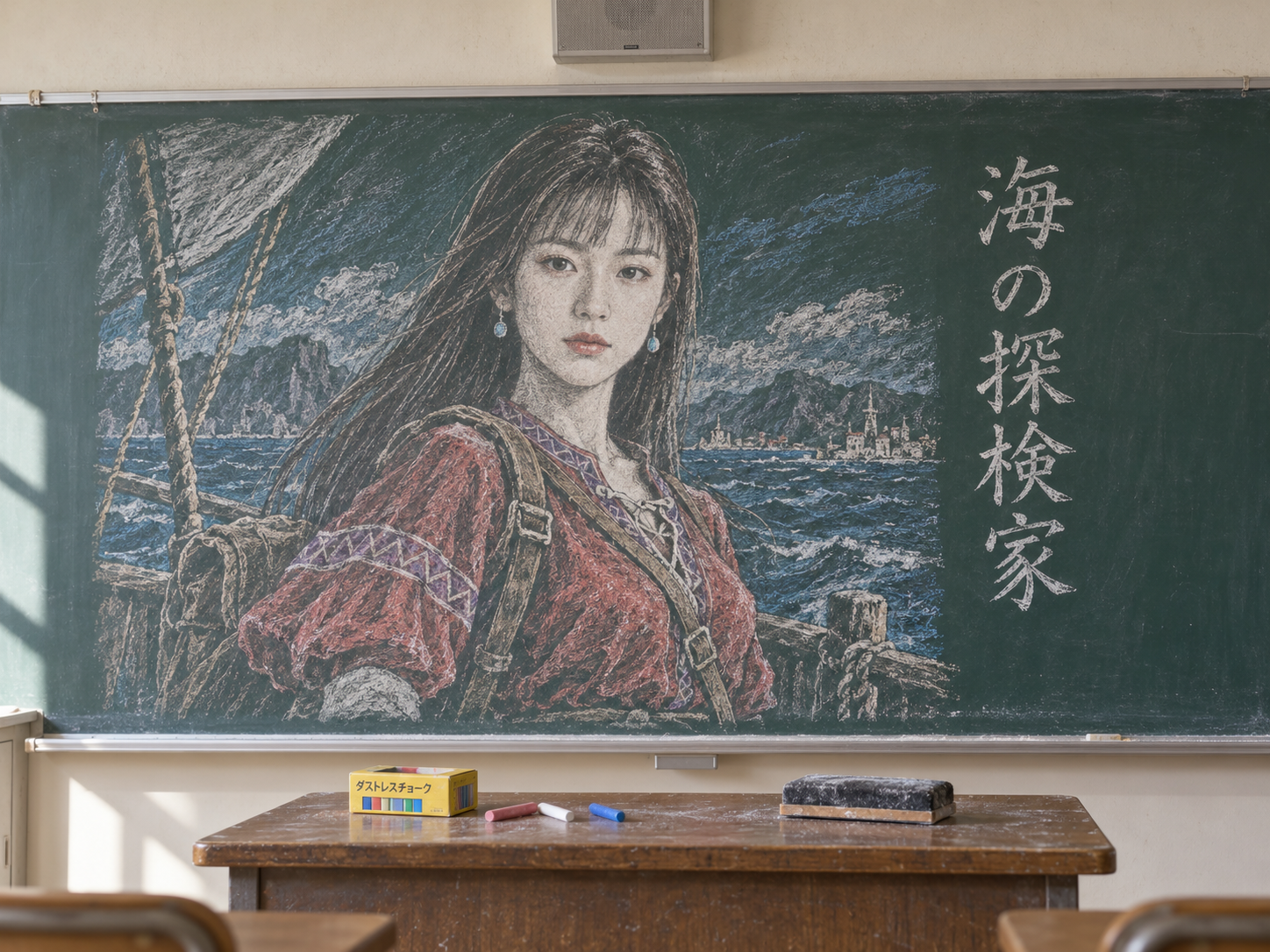 空教室黑板上的原创航海女探险家粉笔画