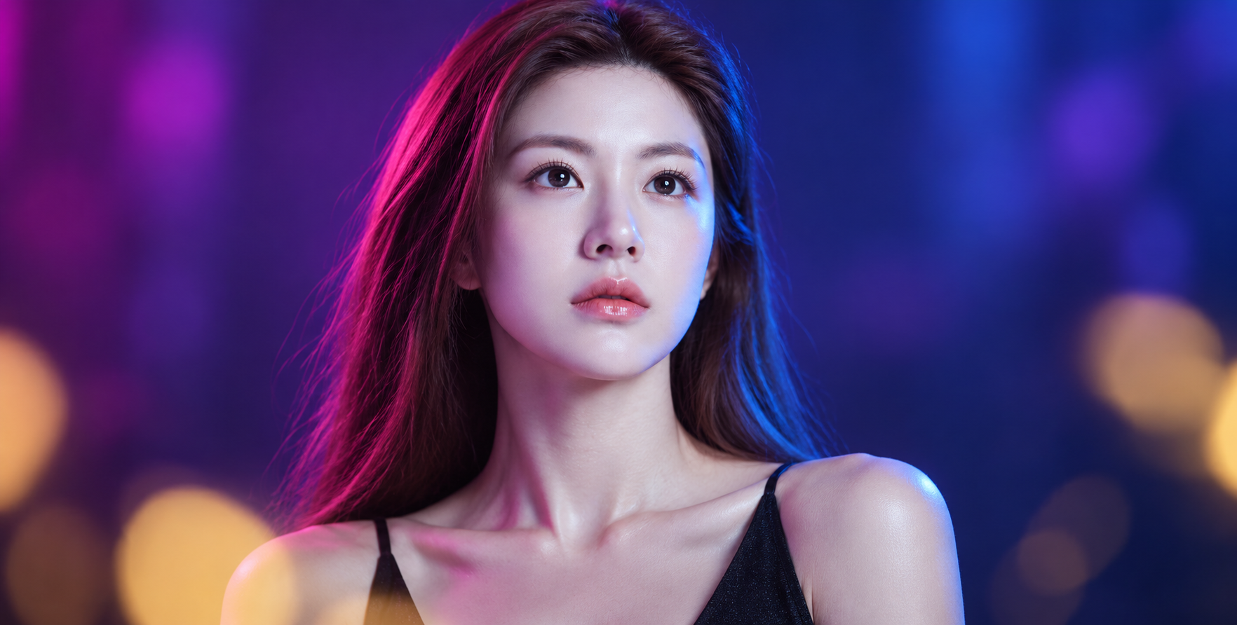 Chân dung người phụ nữ trưởng thành dưới ánh sáng hai tông màu đỏ tươi neon và xanh lạnh