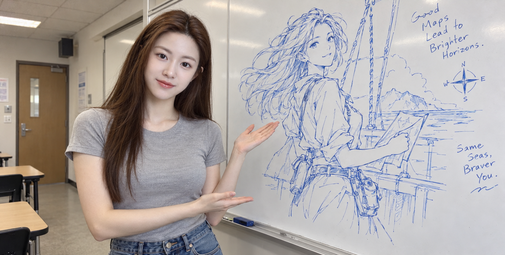教室白板原创航海员素描的幕后肖像 — AI image creation