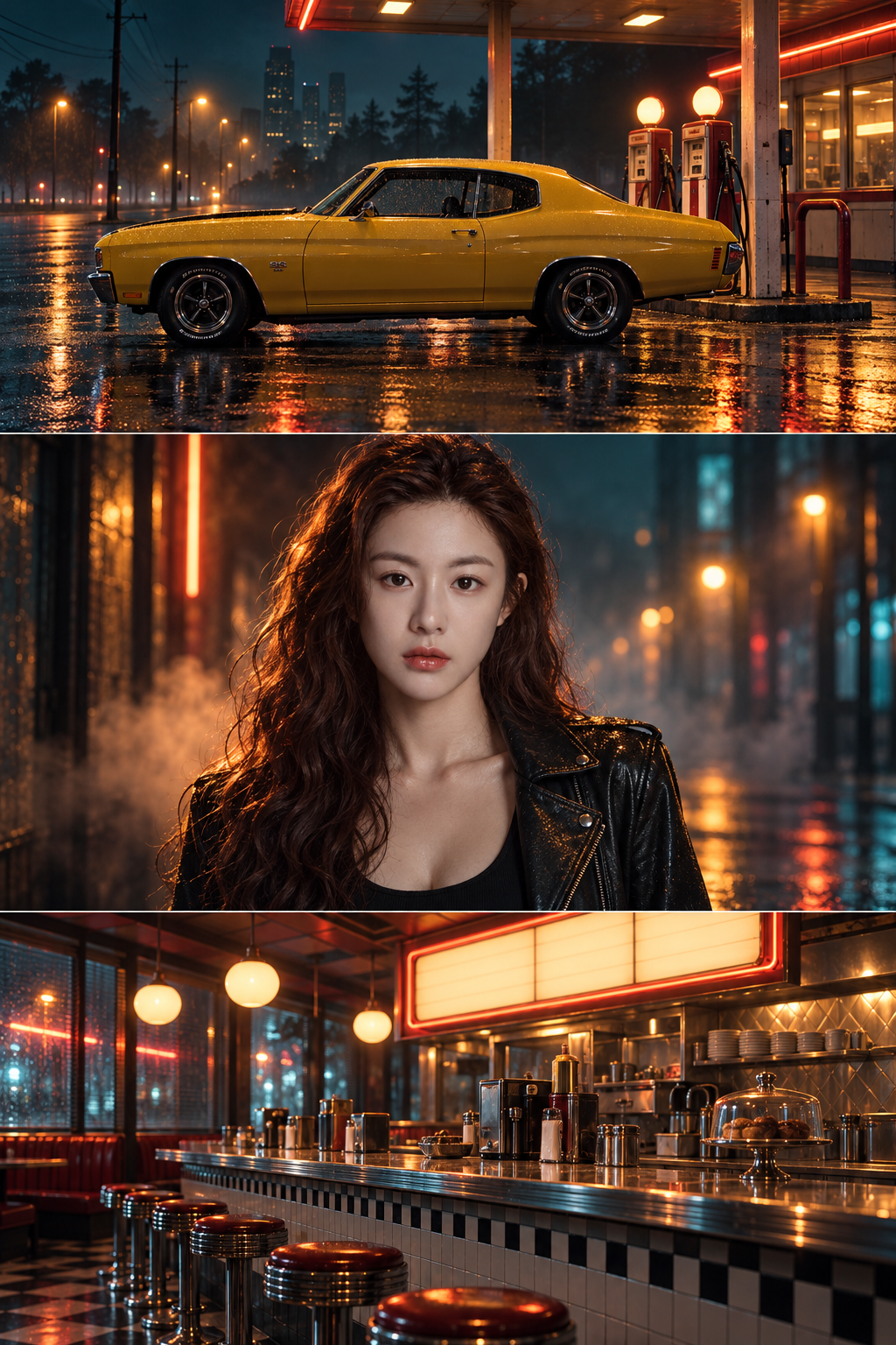 赛博复古霓虹三联画:肌肉车、成年女性与复古餐厅