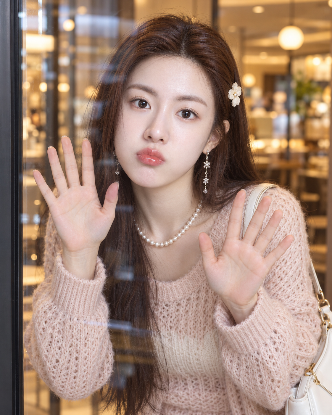 유리문 앞의 진주와 분유 니트 인물화