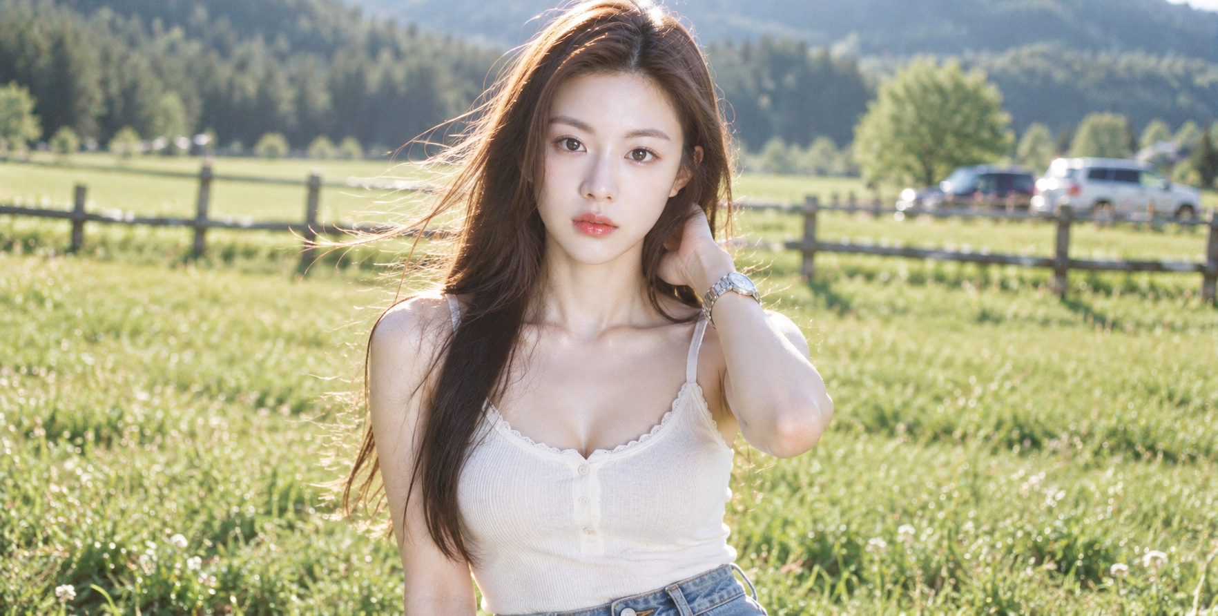 옛 DV 감성의 여름 풀밭 반신 인물 사진