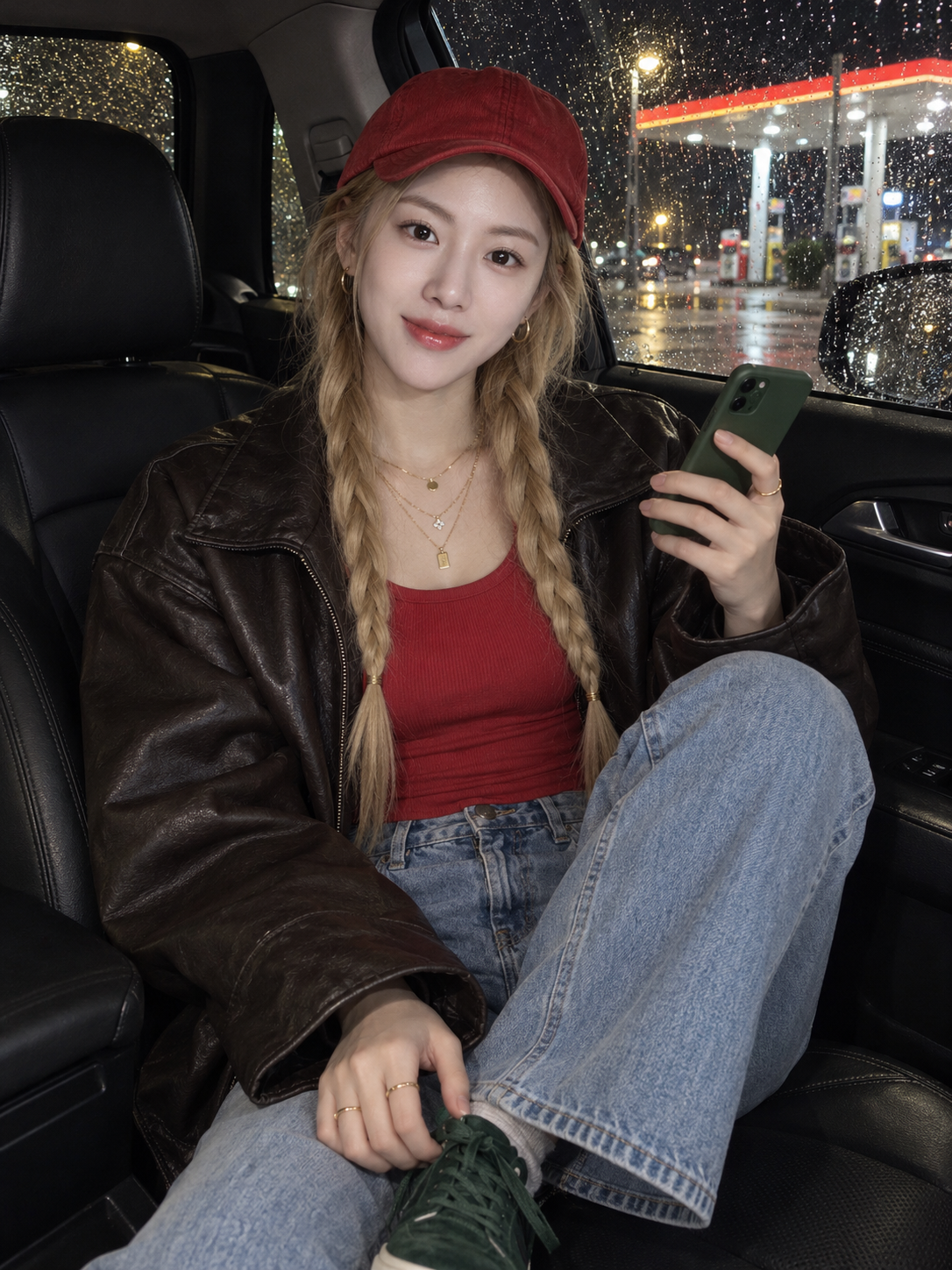 비 오는 밤 주차된 차 안의 빨간 모자를 쓴 스트리트 패션 인물 사진