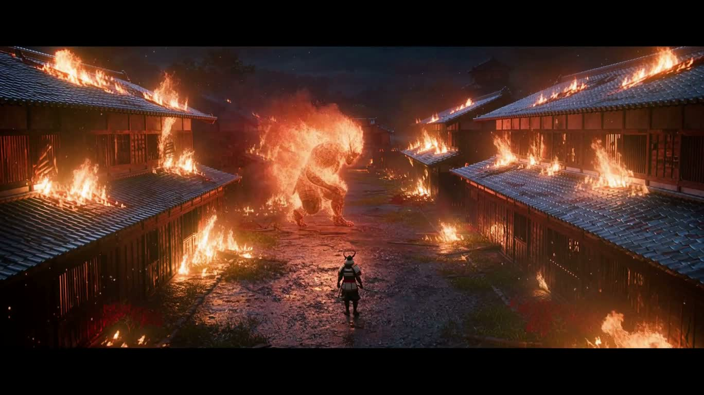 烈焰村庄中的武士斩妖