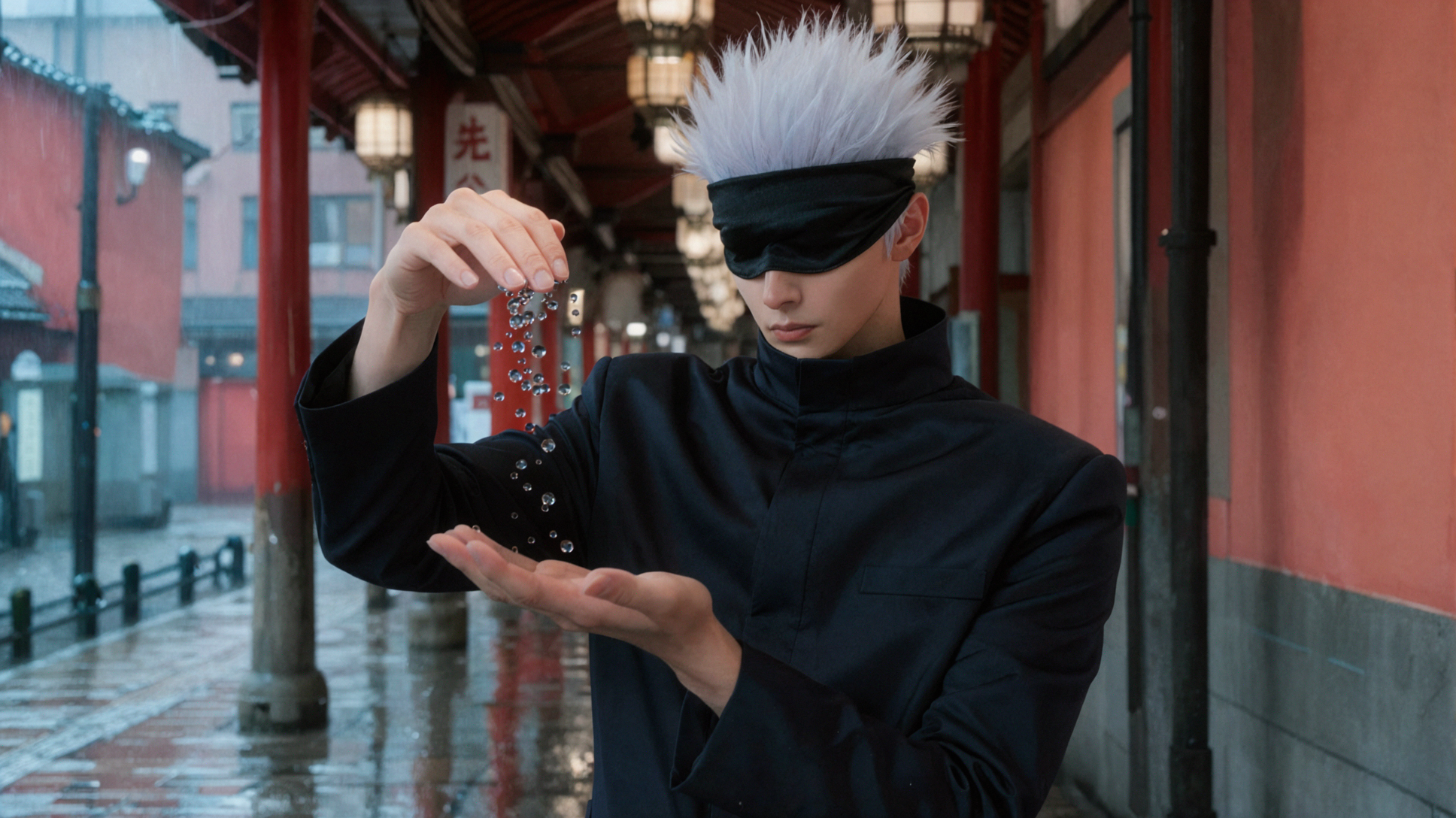 Satoru Gojo · Suspended Raindrops · Street Candid — AI image creation
