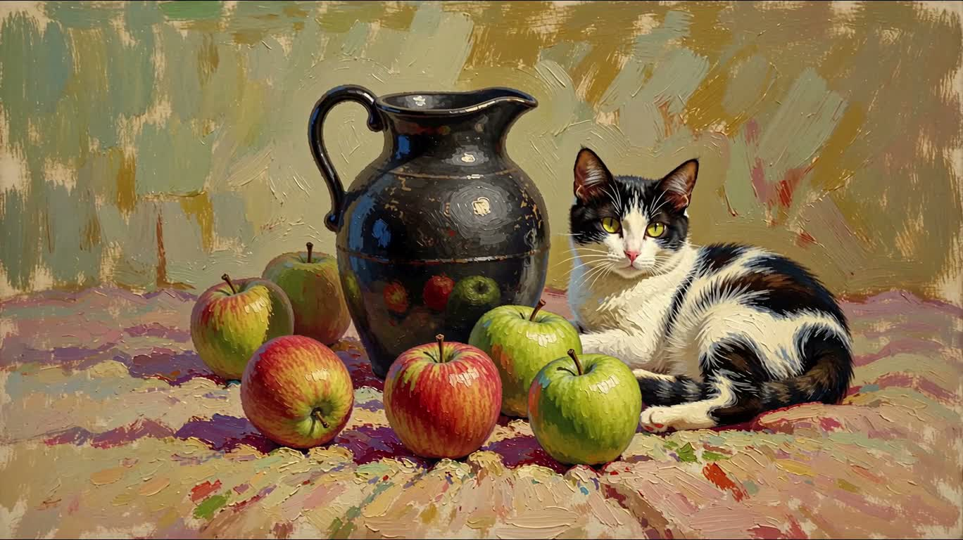 Fauvist Still Life with Black Jug, Apples and Cat — AI video creation