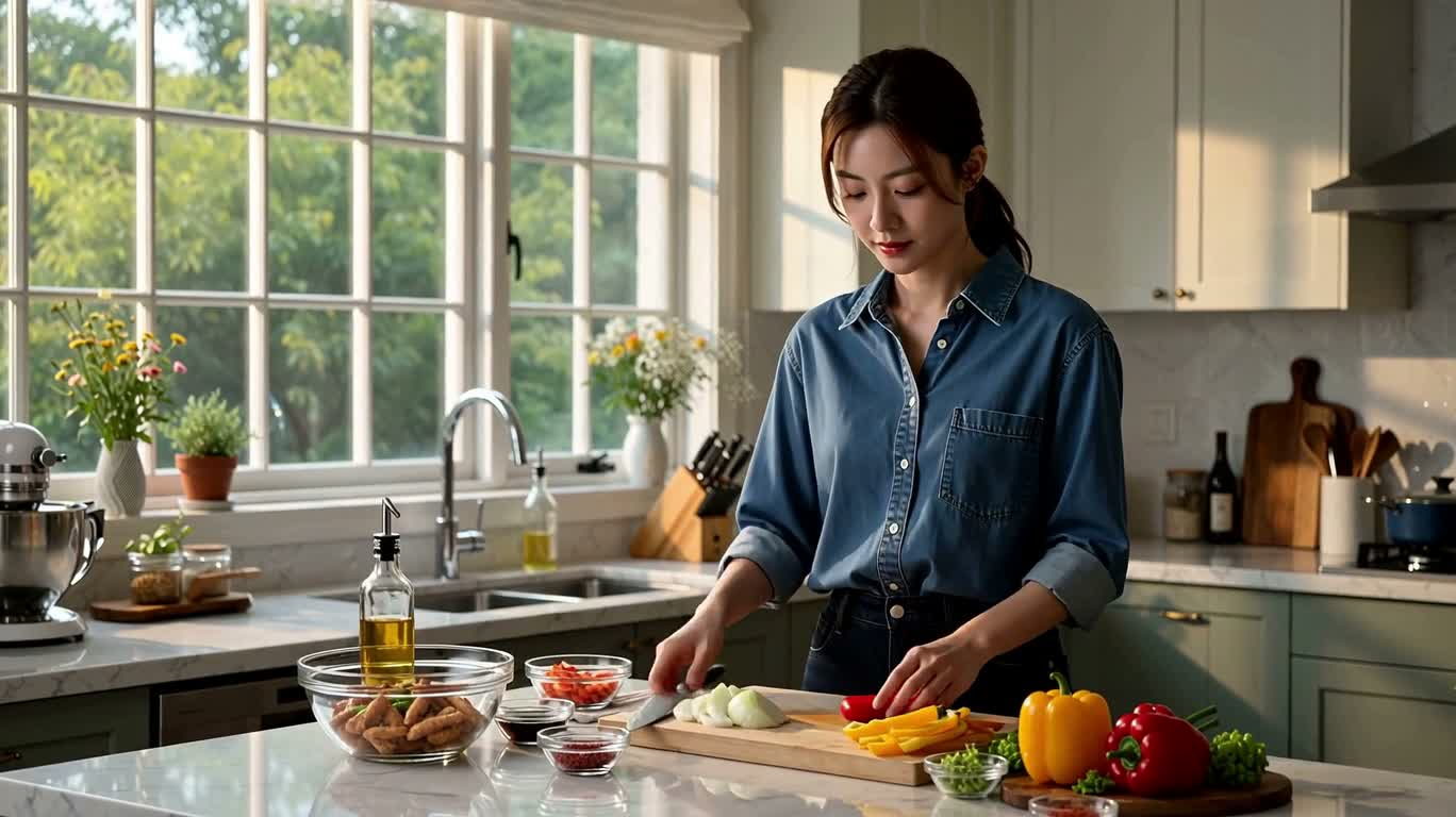 晨光厨房里的彩椒鸡肉炒面 — AI video creation
