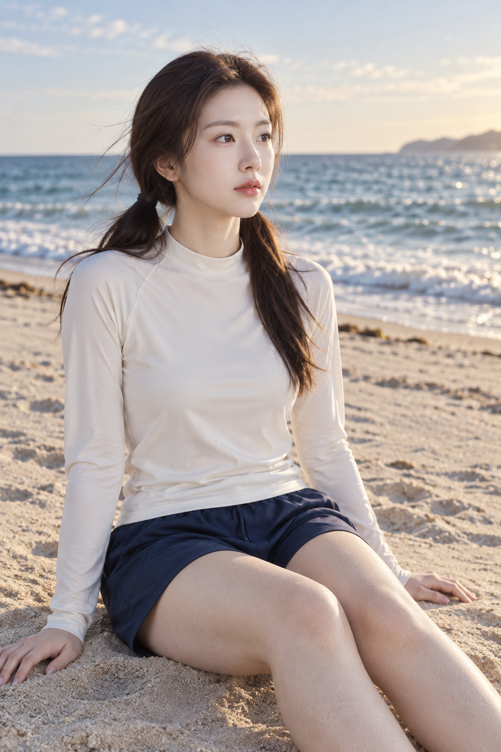 海滩成年女性双马尾端庄写真人像模板