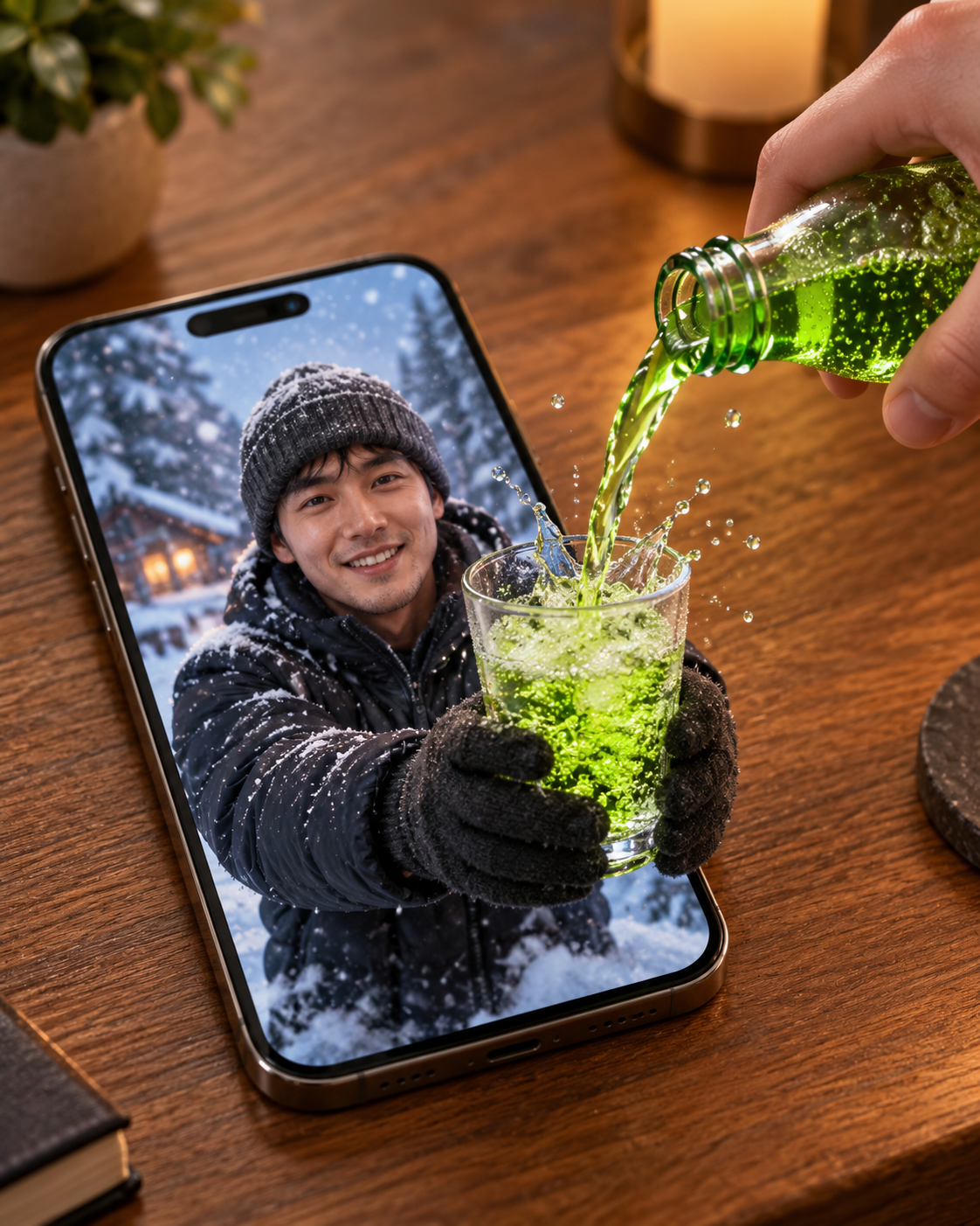 跨越屏幕倒进冰雪世界的荧光汽水