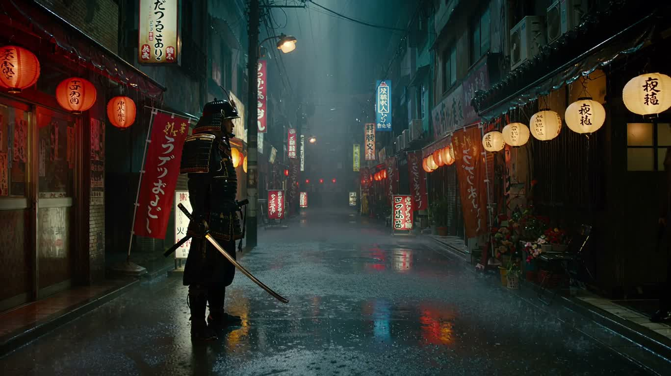 ネオン雨路地:侍とガンマン