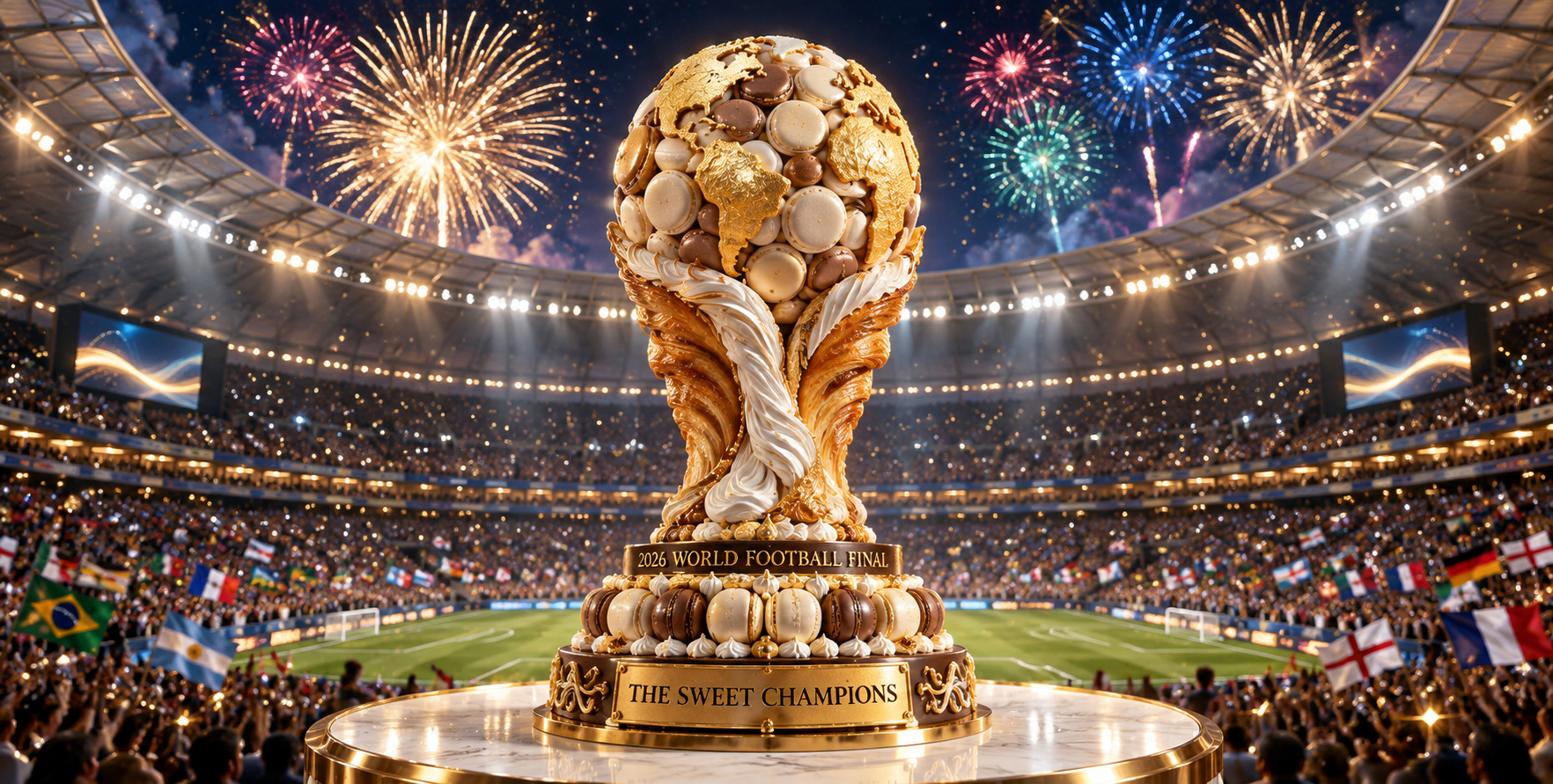 Gourmet pastry football trophy in a fireworks stadium