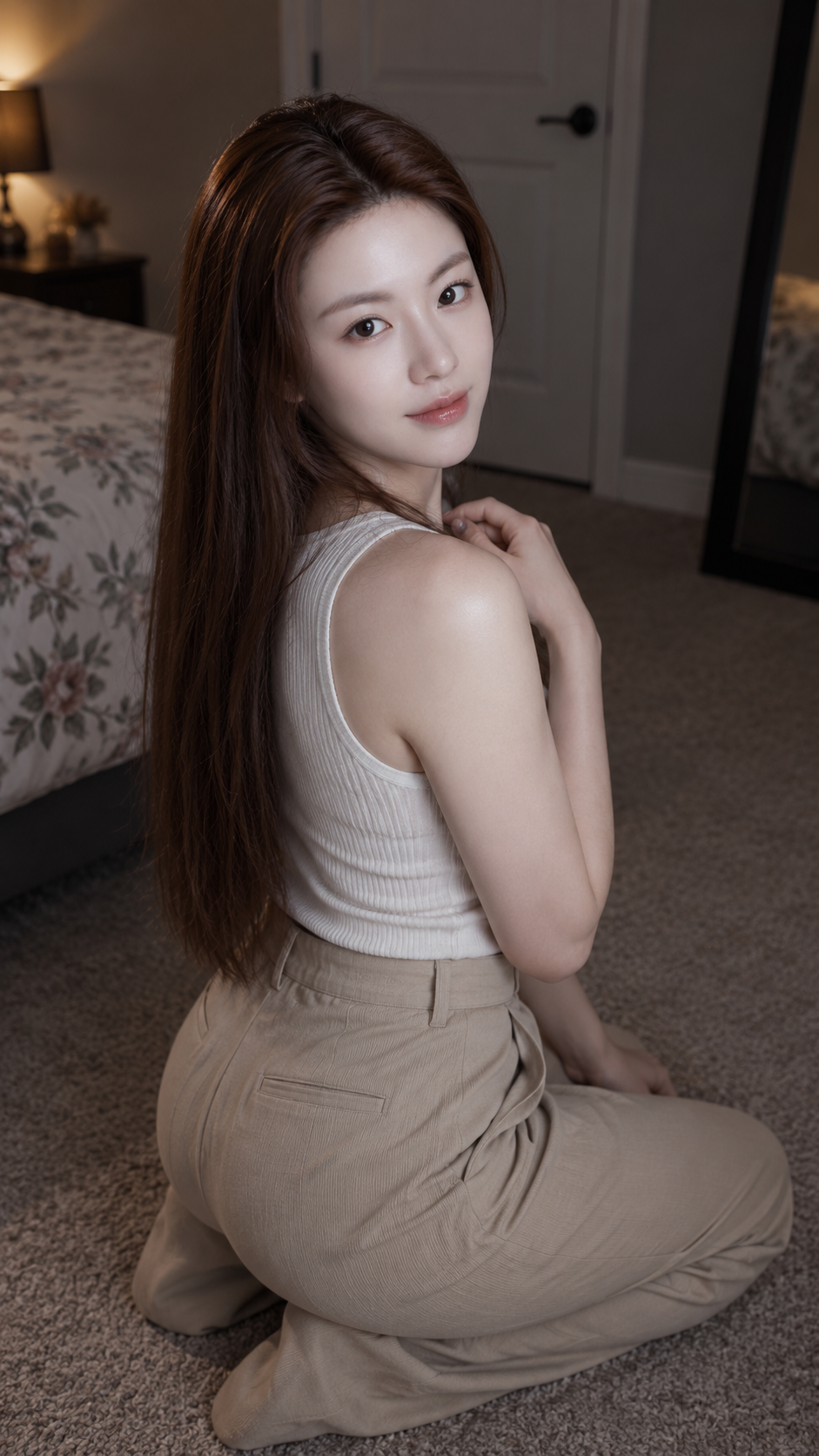 昏暗卧室成年女性跪姿回眸的温柔瞬间 — AI image creation