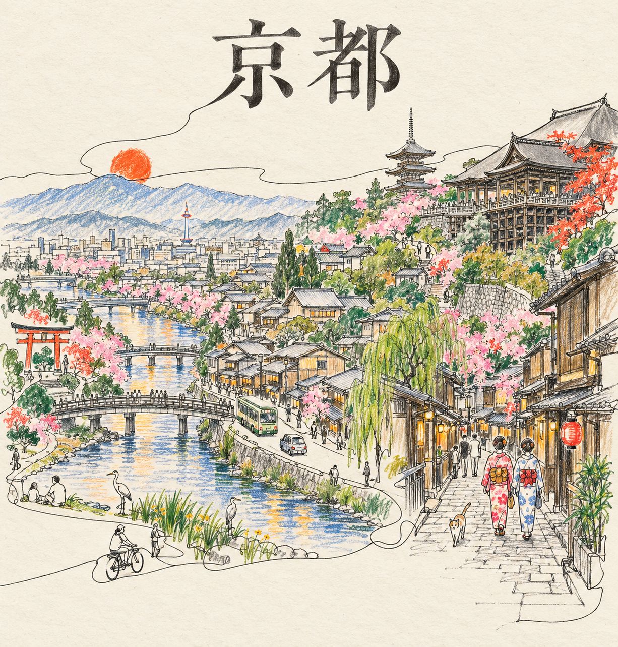 京都一笔连续线条城市海报 — AI image creation