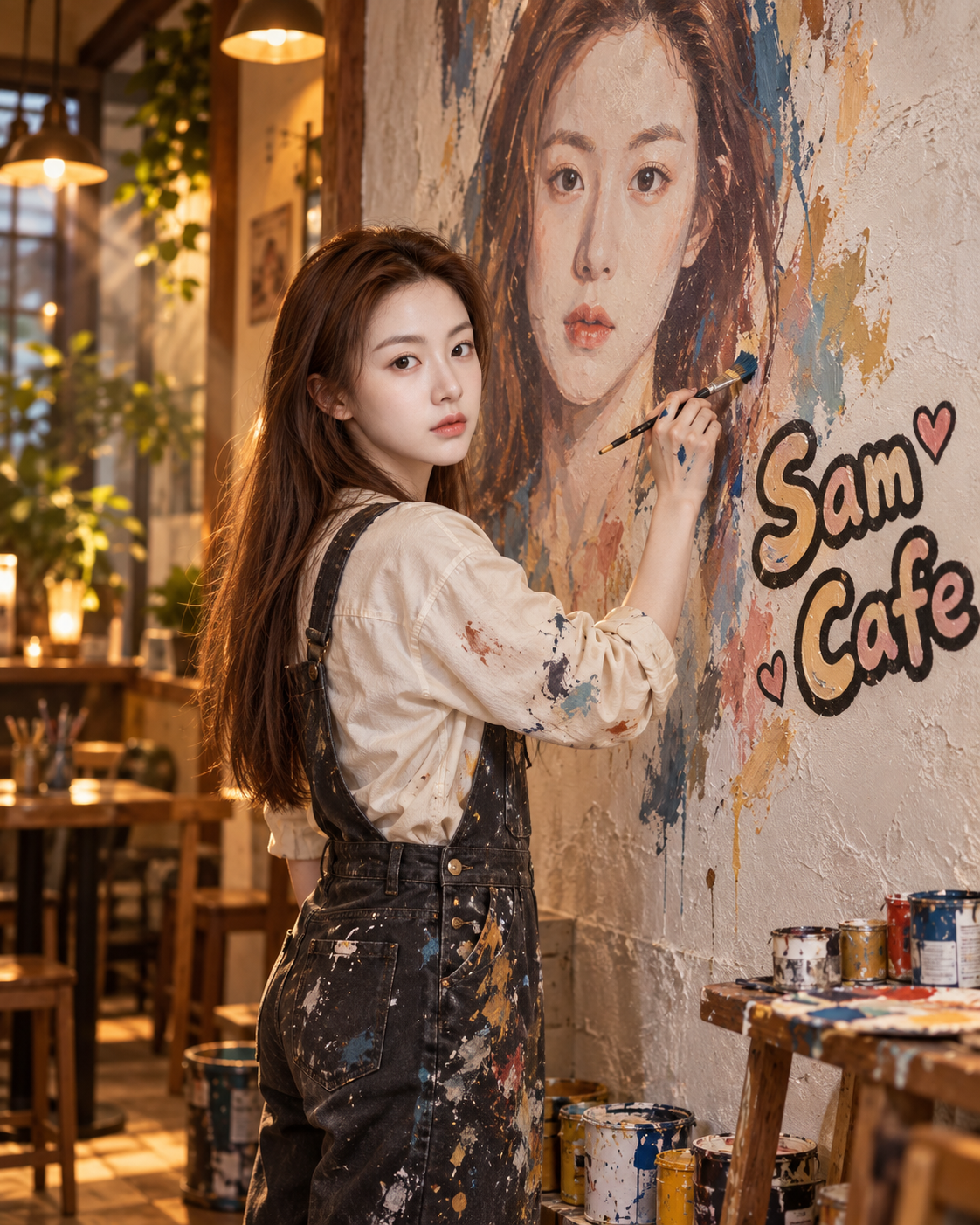 Người phụ nữ trưởng thành vẽ tranh tường tự họa tại Sam Cafe