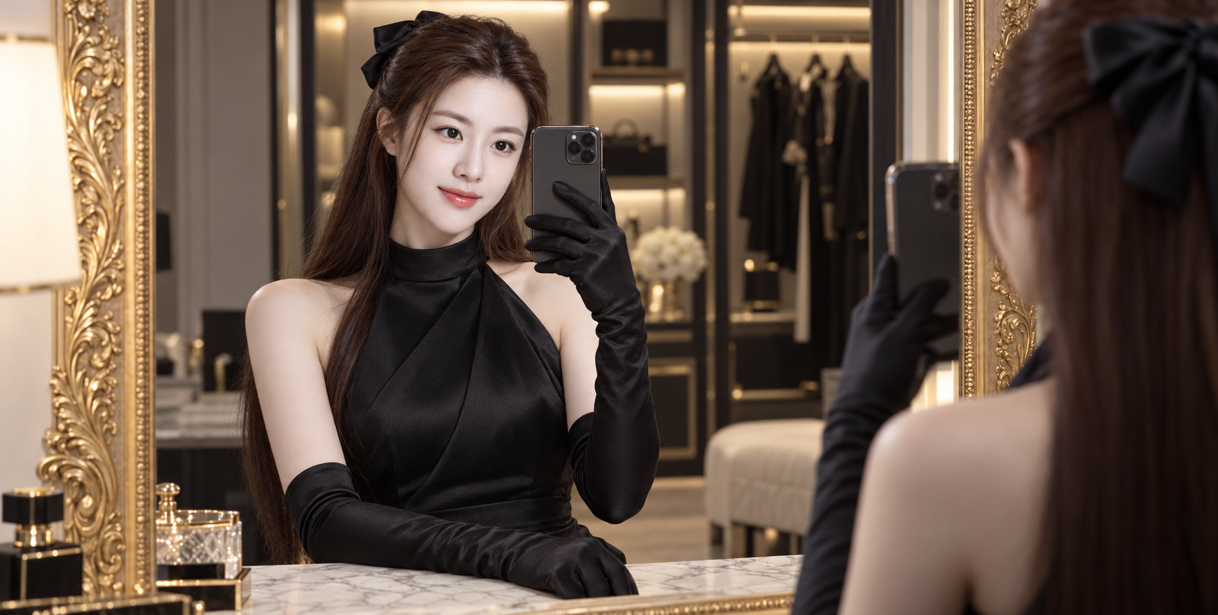 금테 거울 앞 블랙 패션 에디토리얼 셀피