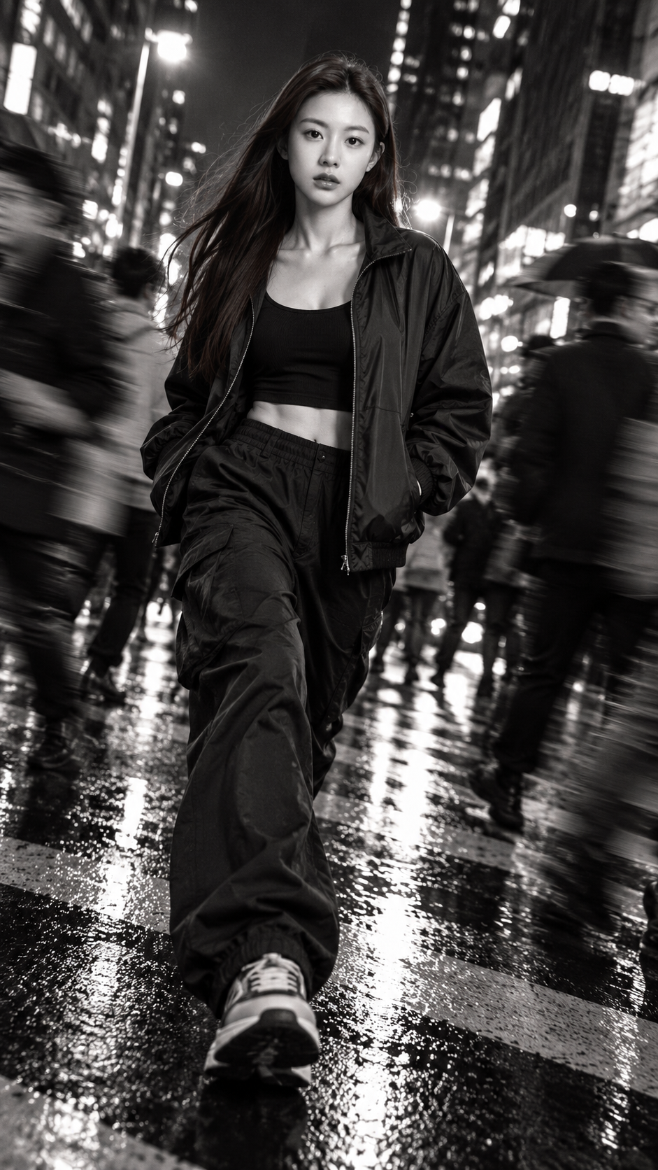 雨の夜の街を舞台にした動的ブラー白黒ファッション写真