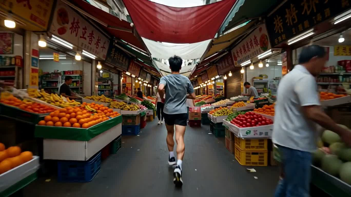 拥挤果蔬市场中的沉浸式奔跑 — AI video creation