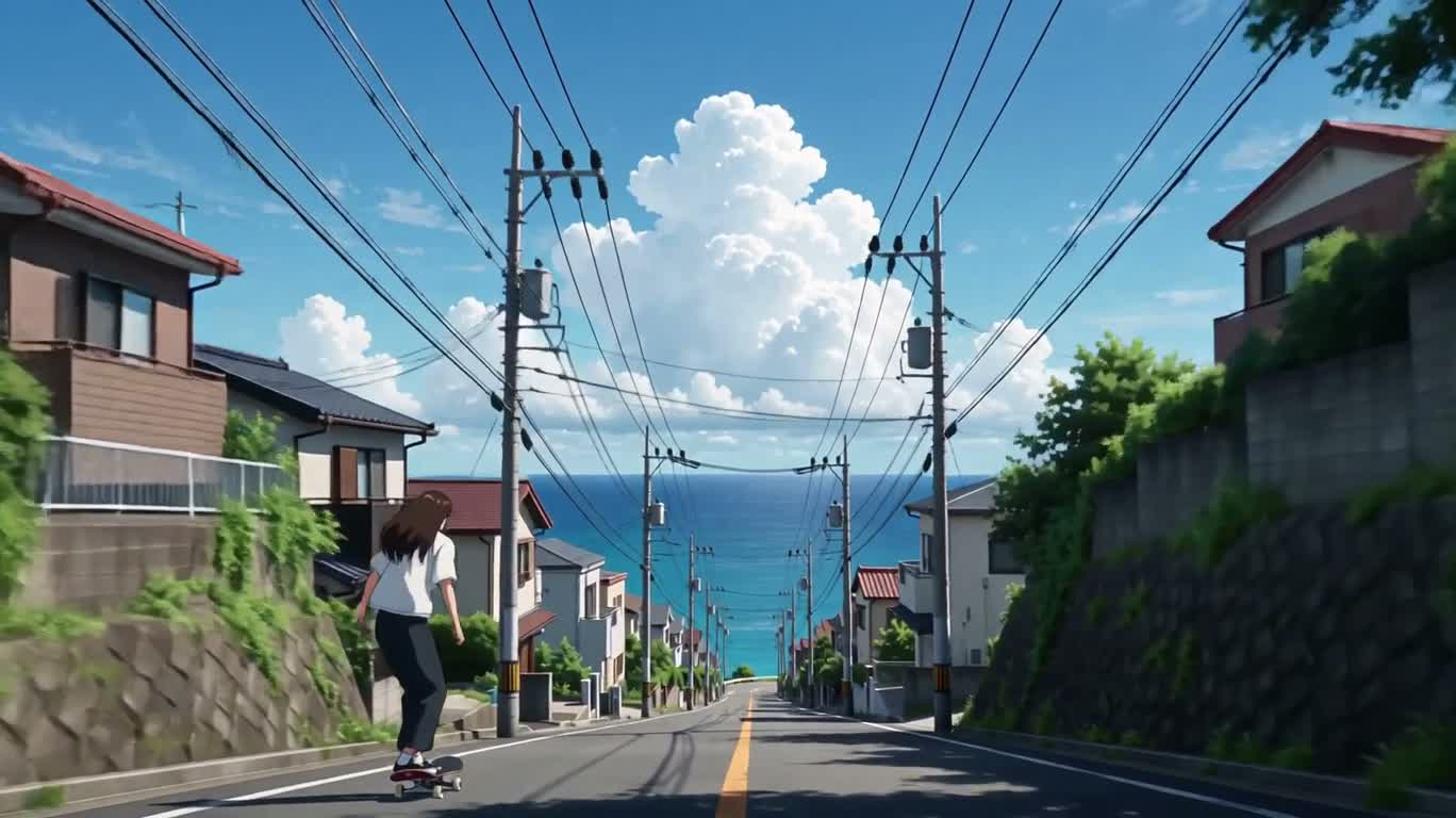 海滨小镇滑板疾驰