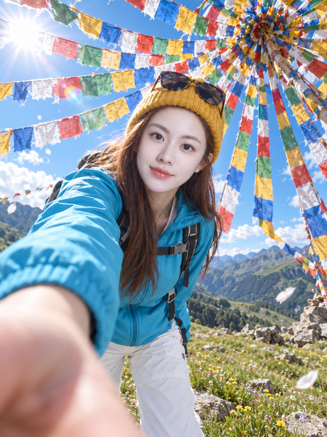 高山草甸经幡背景旅行自拍人像