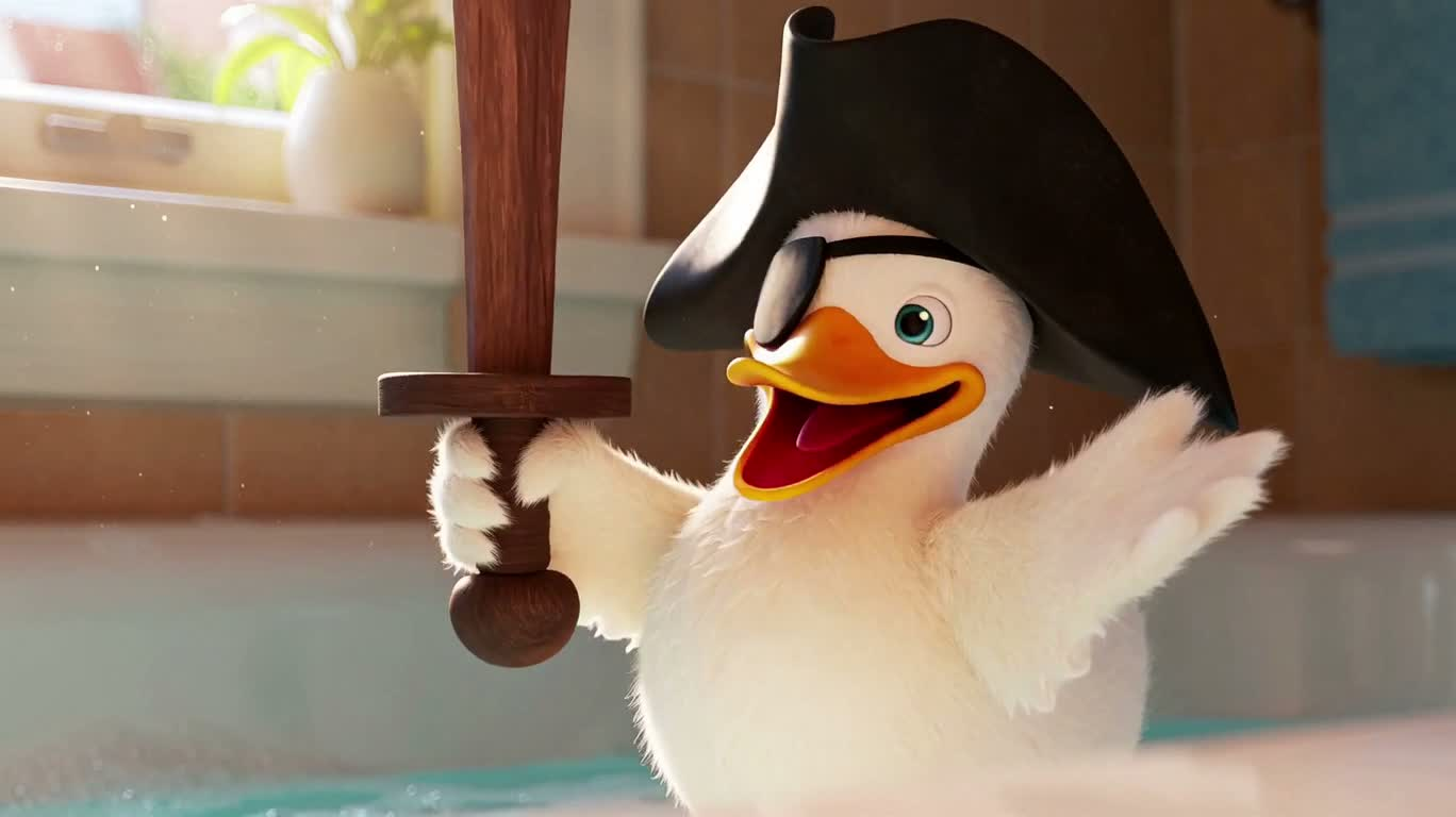 Le canard pirate surfe à la recherche d'un trésor dans la baignoire
