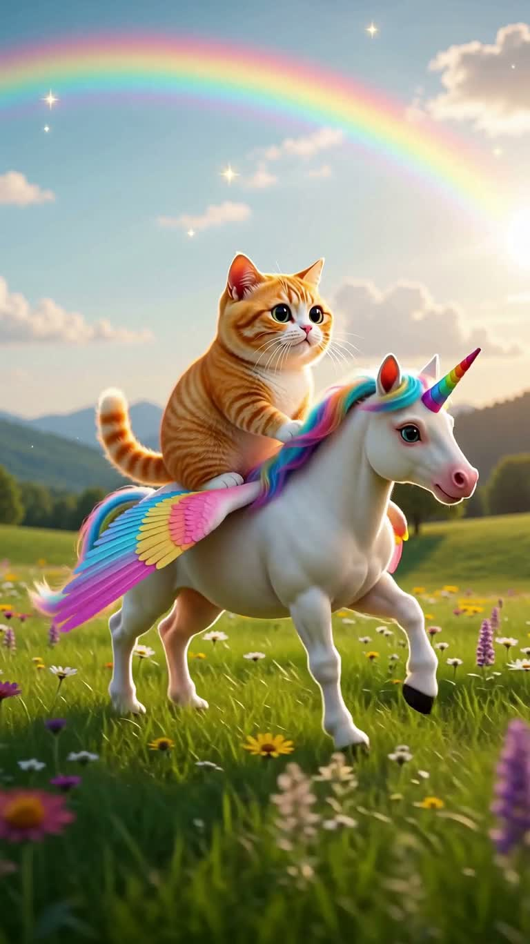 彩虹草原上的猫咪独角兽飞行 — AI video creation