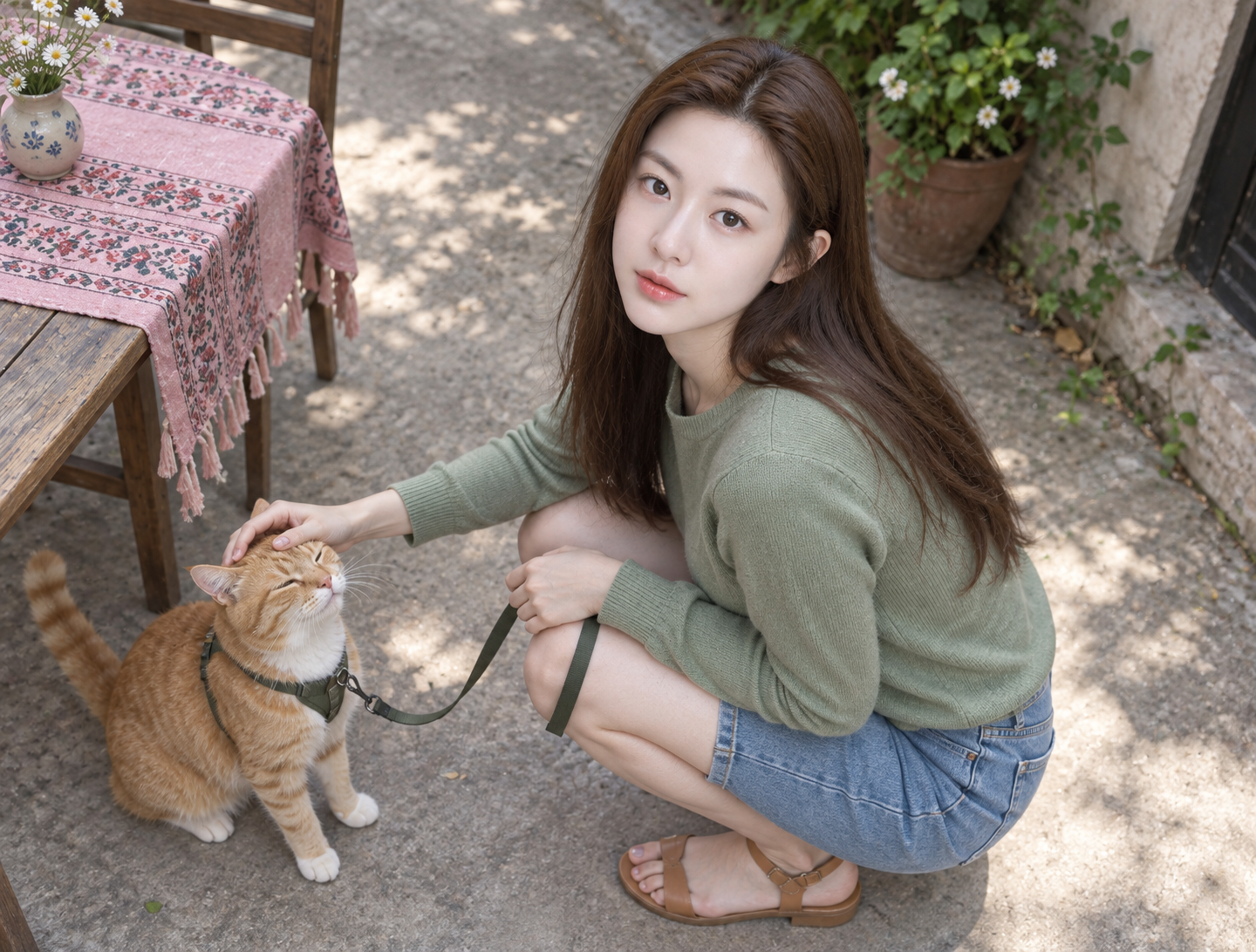 庭院与橘猫·高角度自然人像 — AI image creation
