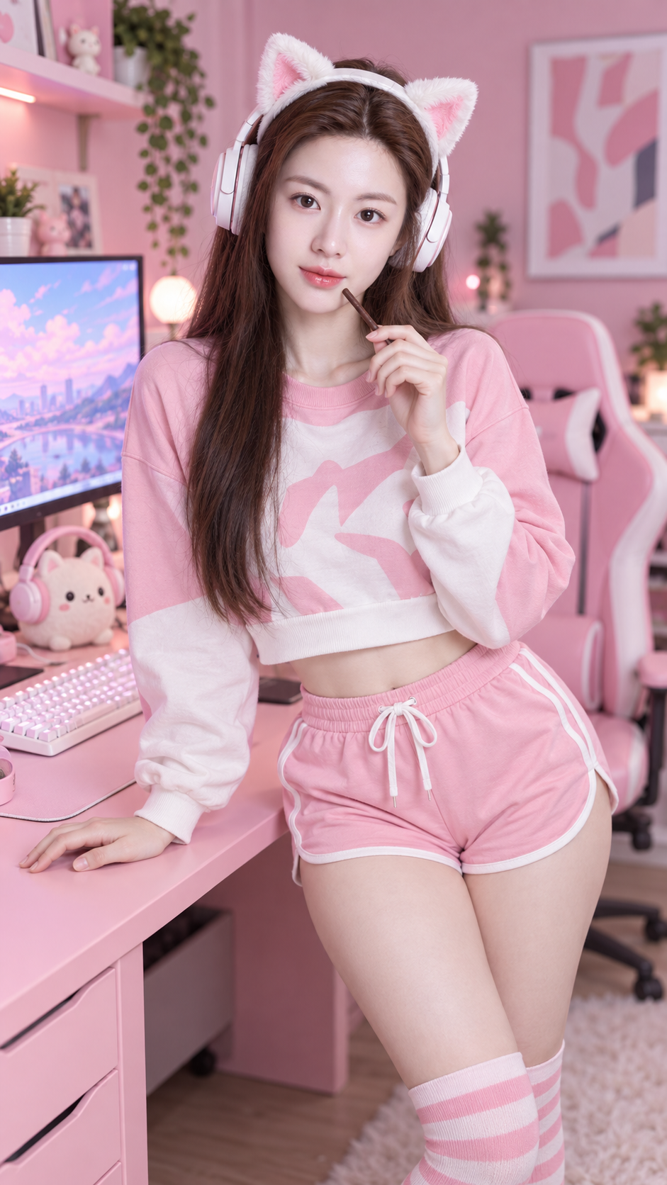 Pink gaming-room lifestyle portrait