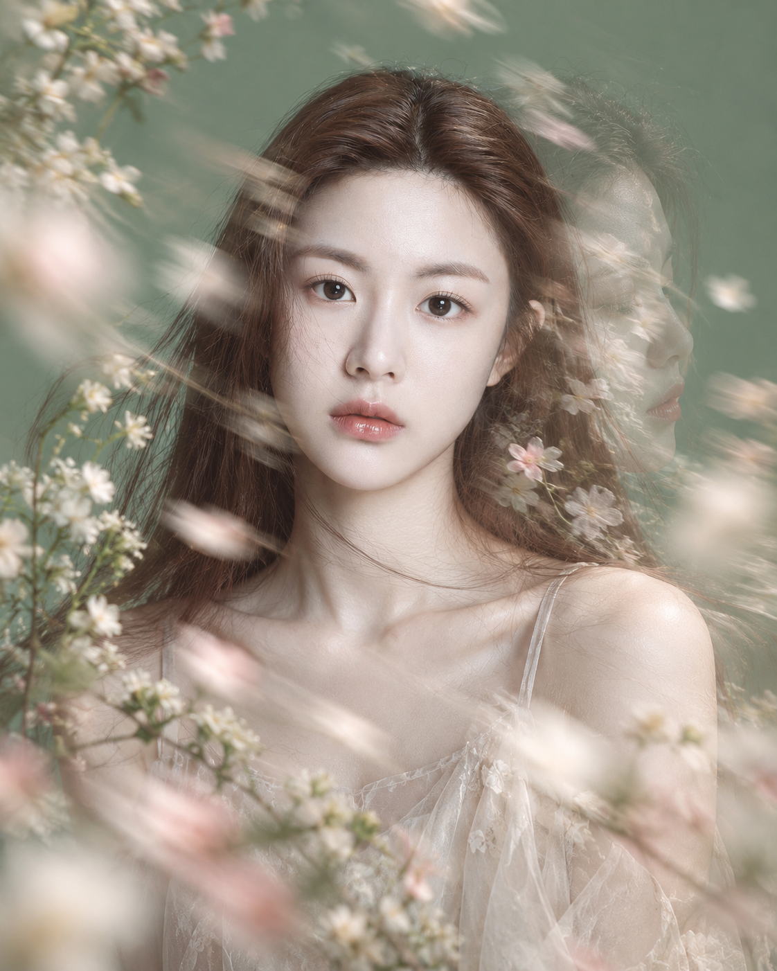 灰绿花影中的梦幻艺术肖像 — AI image creation