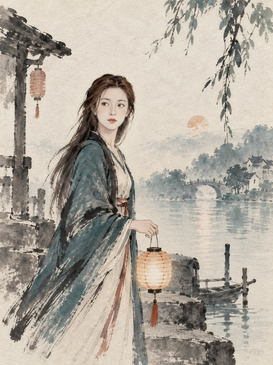 新中式水墨绘本风格人像