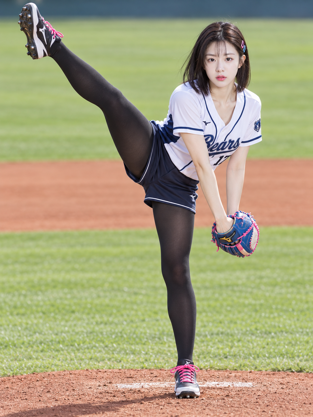 野球場で高く脚を上げて投球する成人東アジア女性のスポーツポートレート
