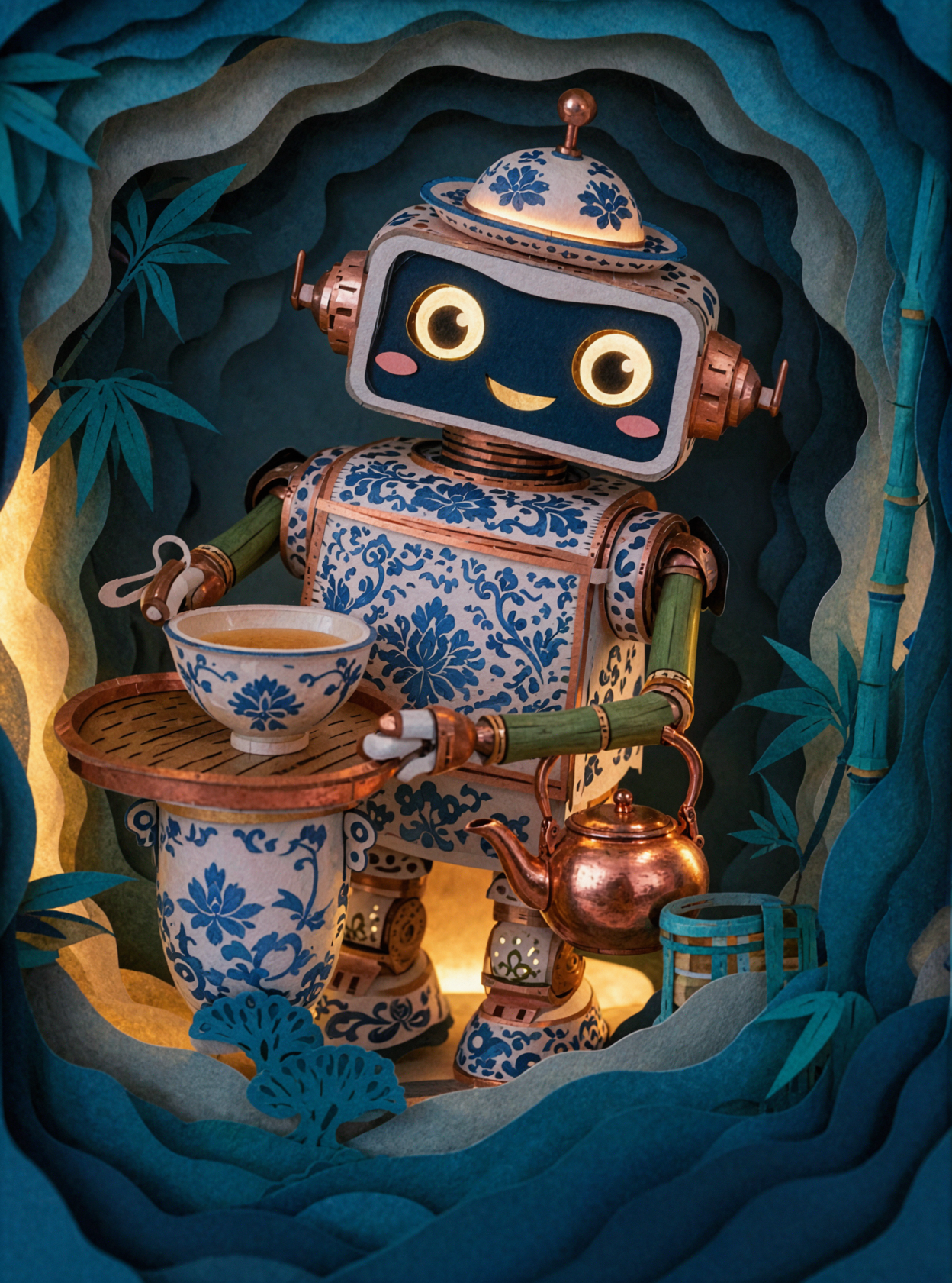 青花磁器のティーロボット・切り絵ライトボックス — AI image creation