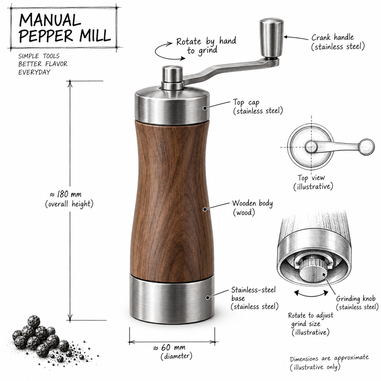 Diagramme technique en noir et blanc d'un moulin à poivre manuel