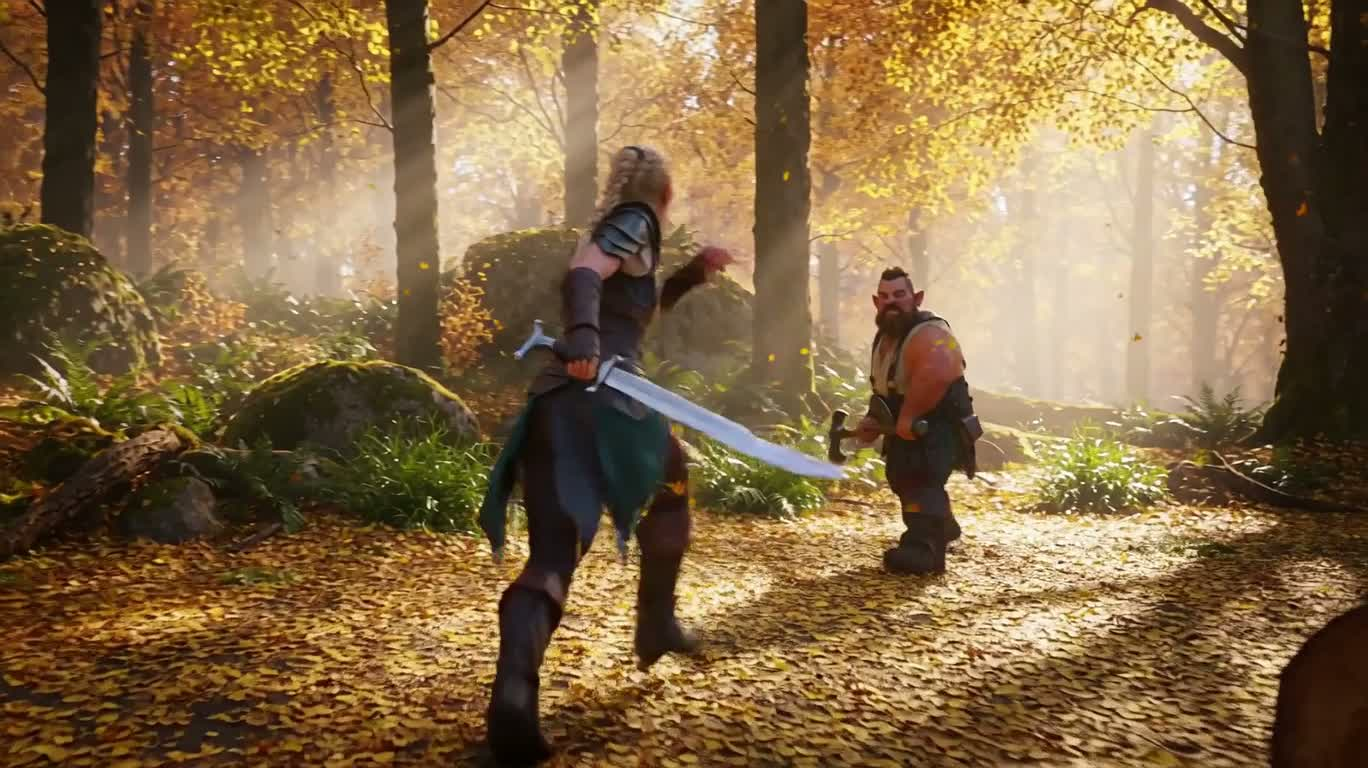 Duel runique entre la ranger elfe et le forgeron nain de la forêt d'automne
