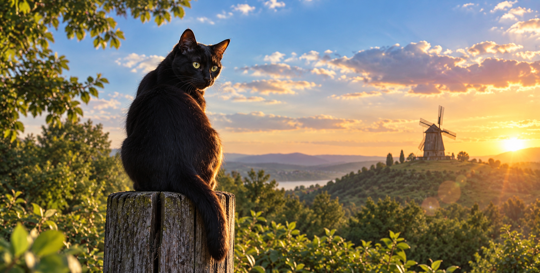 夕日を逆光に振り返る黒猫