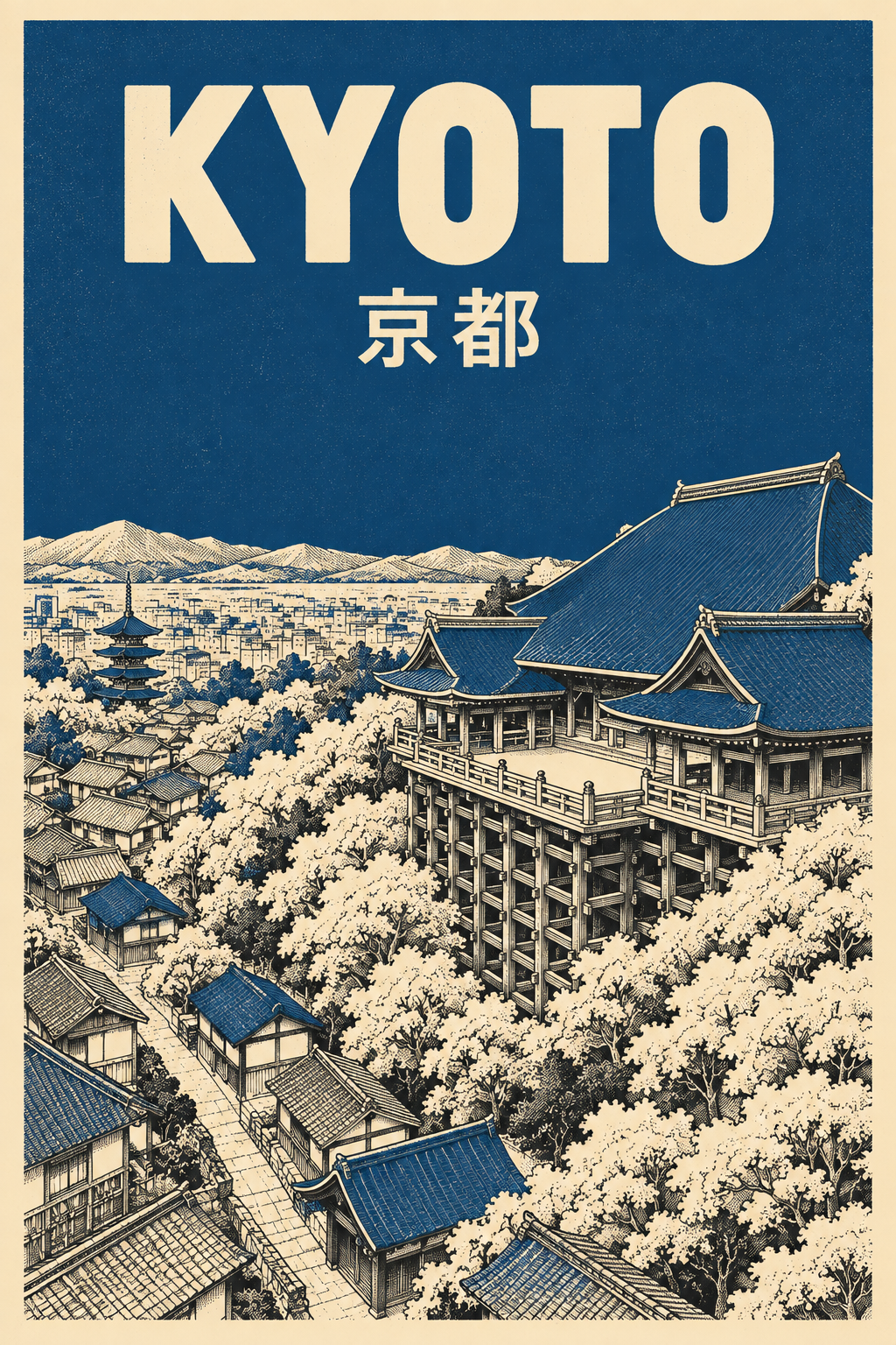 Áp phích du lịch đẳng cự thời trung cổ chùa Thanh Thủy Kyoto tông chàm ba màu