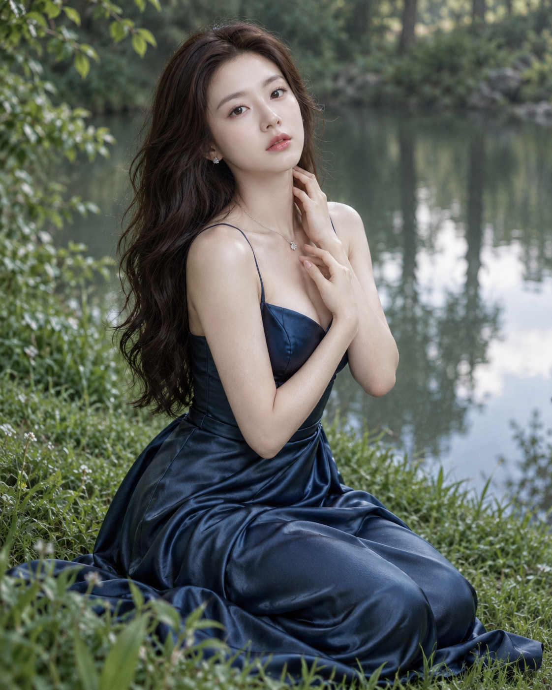 森の池辺にたたずむ赤いドレスのシネマティックポートレート — AI image creation