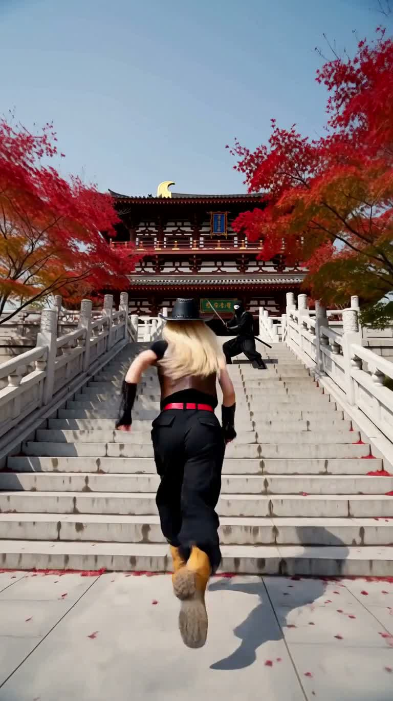 Ninja Duel on Ancient Temple Stone Steps