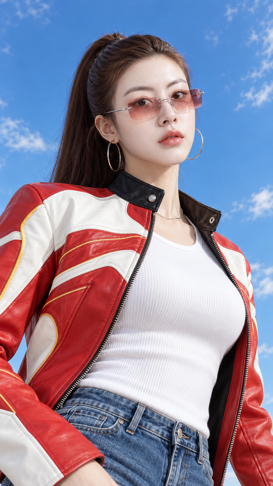 蓝天下的复古赛车风成年女性时装人像