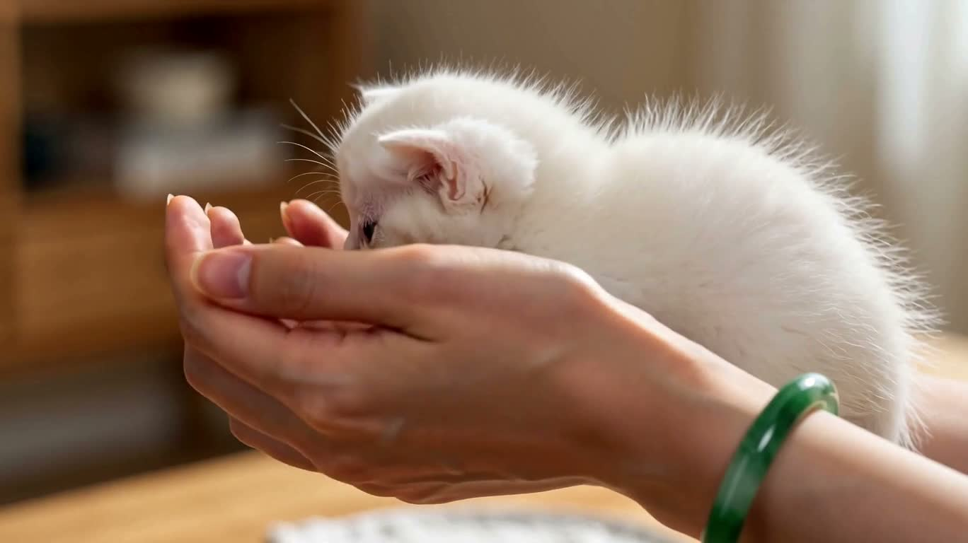 Ánh mắt dịu dàng của mèo trắng trong lòng bàn tay