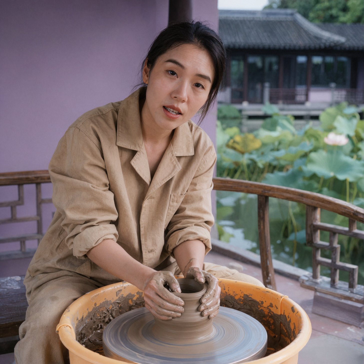 Adult East Asian Female Ceramic Artist · Spinning Wheel · Medium Format Texture
