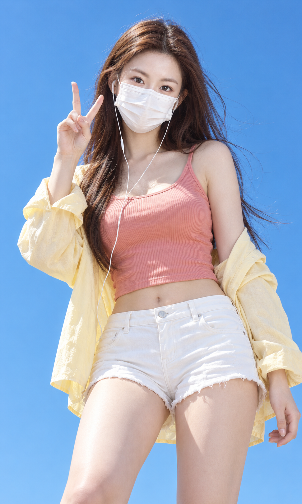 晴空下戴口罩的活力人像