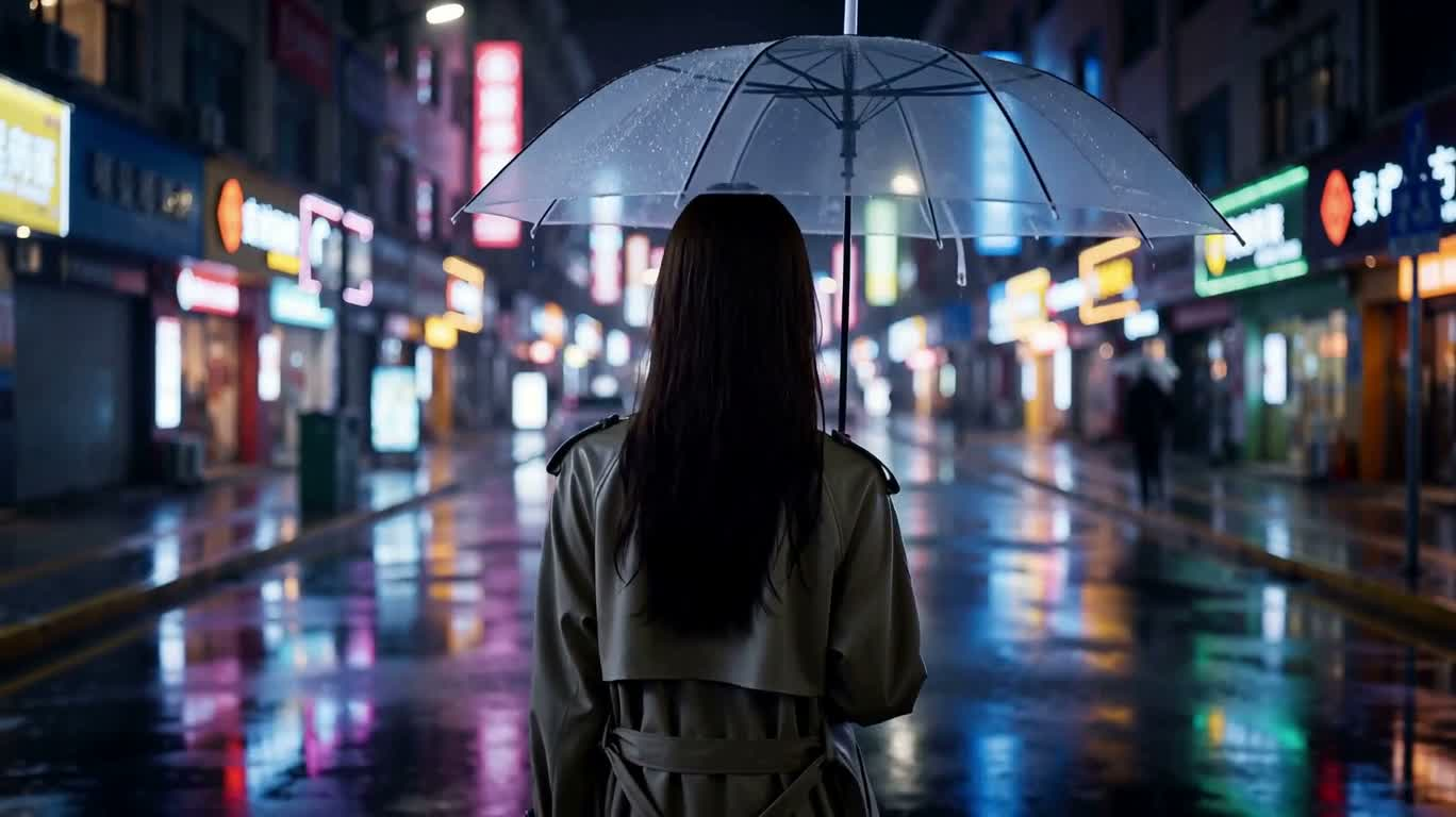 Neon Rainy Night Glance Back