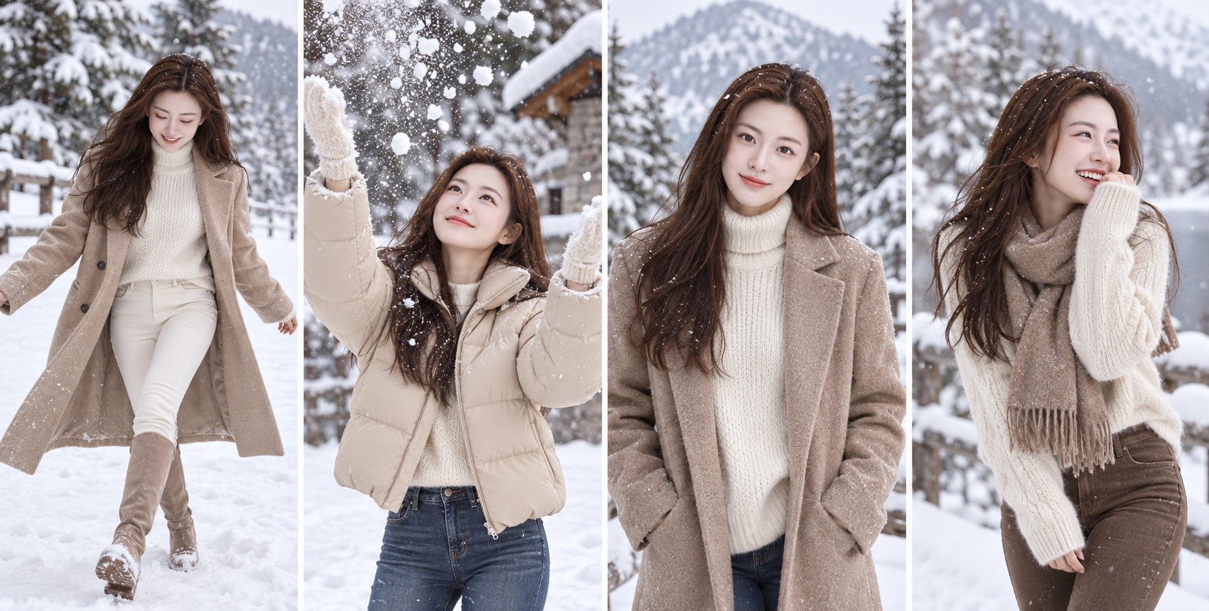 雪景中俏皮灵动的土耳其女性冬日四宫格